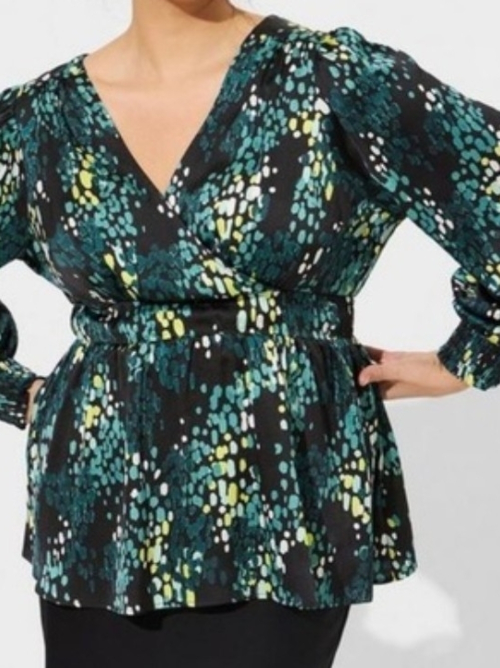 Torrid Black Teal & Lime Abstract V-Neck Peplum Long Sleeve Blouse size 3XL